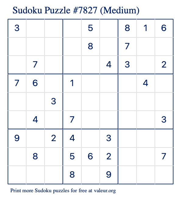 Free Printable Medium Sudoku Puzzle number 7827