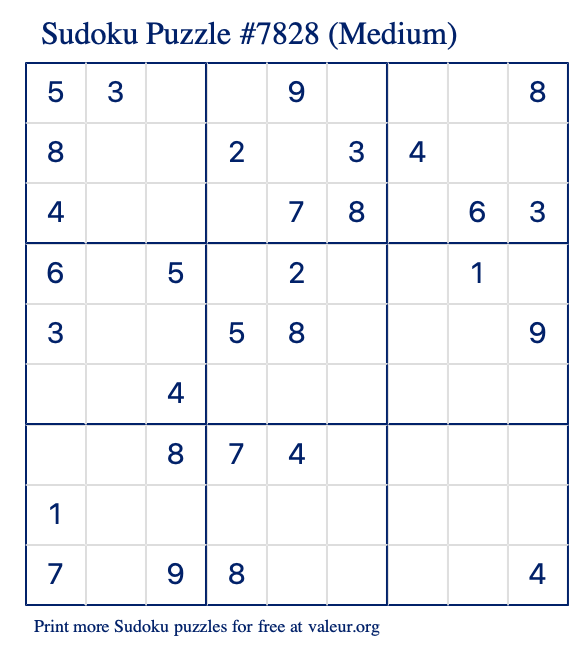 Free Printable Medium Sudoku Puzzle number 7828