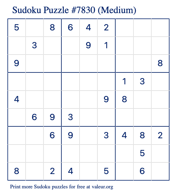 Free Printable Medium Sudoku Puzzle number 7830
