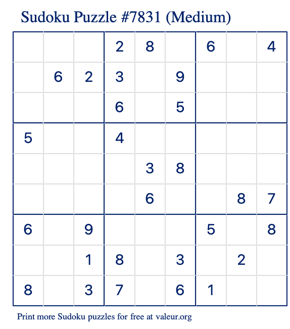 Free Printable Medium Sudoku Puzzle number 7831