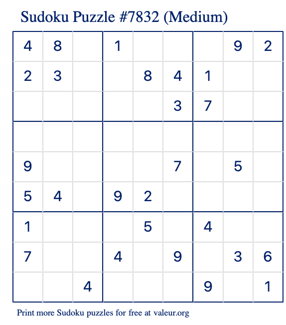 Free Printable Medium Sudoku Puzzle number 7832