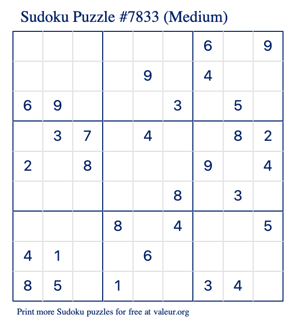 Free Printable Medium Sudoku Puzzle number 7833