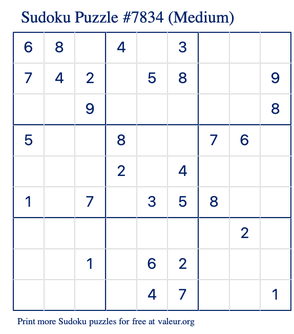 Free Printable Medium Sudoku Puzzle number 7834