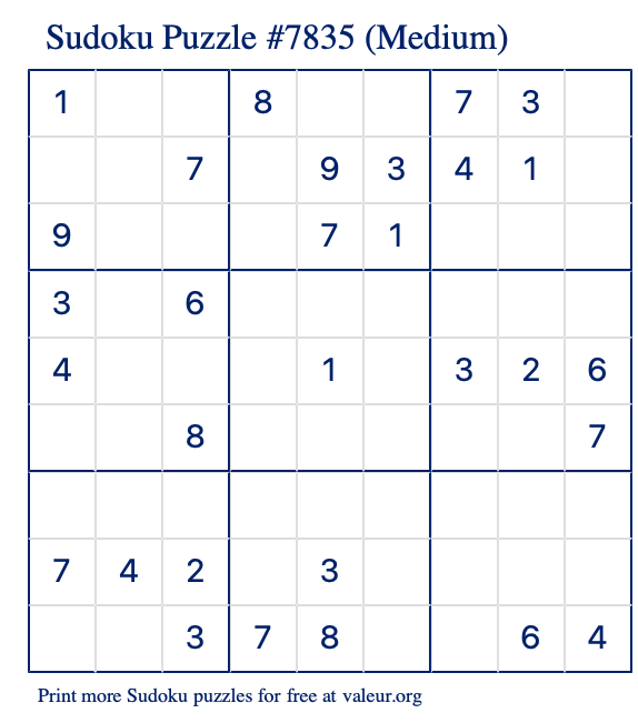 Free Printable Medium Sudoku Puzzle number 7835