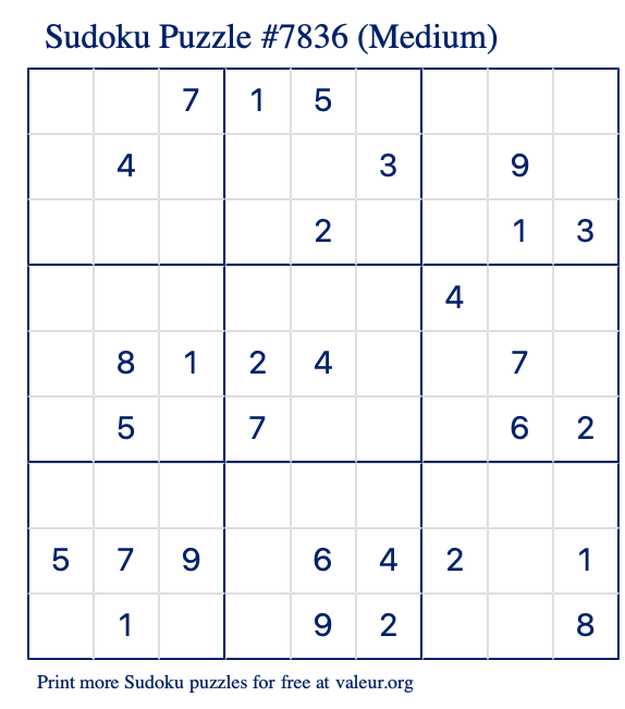 Free Printable Medium Sudoku Puzzle number 7836