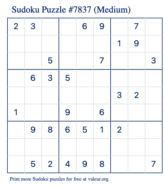 Free Printable Medium Sudoku Puzzle number 7837