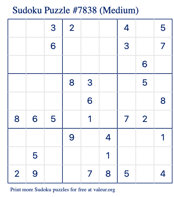 Free Printable Medium Sudoku Puzzle number 7838
