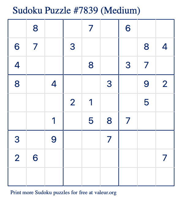 Free Printable Medium Sudoku Puzzle number 7839