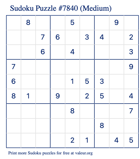 Free Printable Medium Sudoku Puzzle number 7840