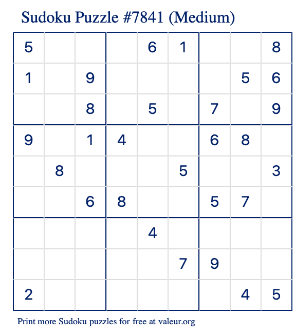 Free Printable Medium Sudoku Puzzle number 7841
