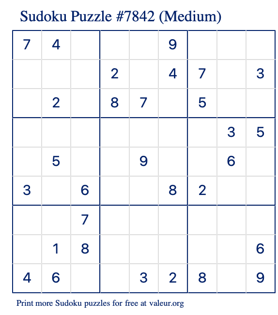 Free Printable Medium Sudoku Puzzle number 7842