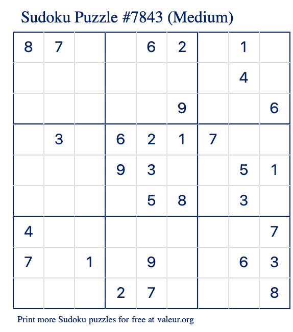 Free Printable Medium Sudoku Puzzle number 7843