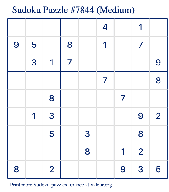 Free Printable Medium Sudoku Puzzle number 7844
