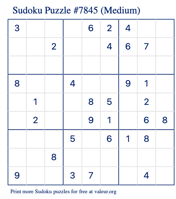 Free Printable Medium Sudoku Puzzle number 7845