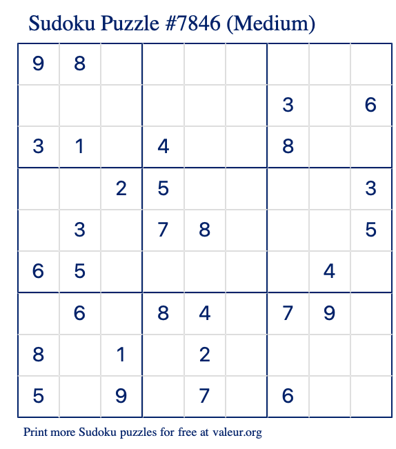 Free Printable Medium Sudoku Puzzle number 7846