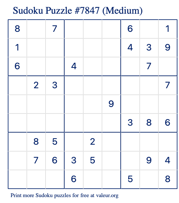 Free Printable Medium Sudoku Puzzle number 7847
