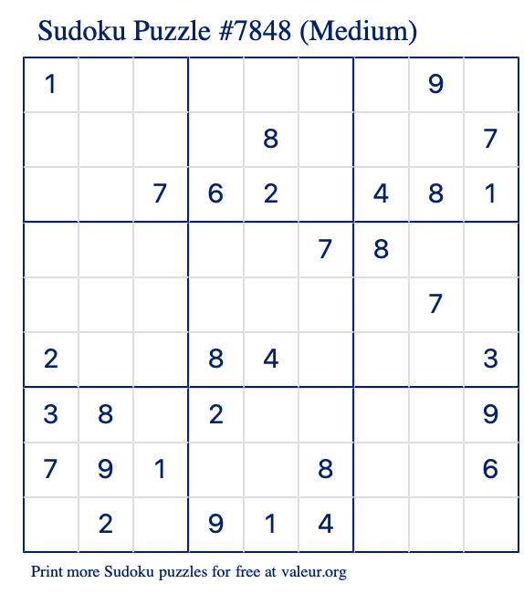 Free Printable Medium Sudoku Puzzle number 7848