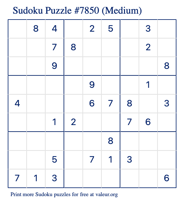 Free Printable Medium Sudoku Puzzle number 7850