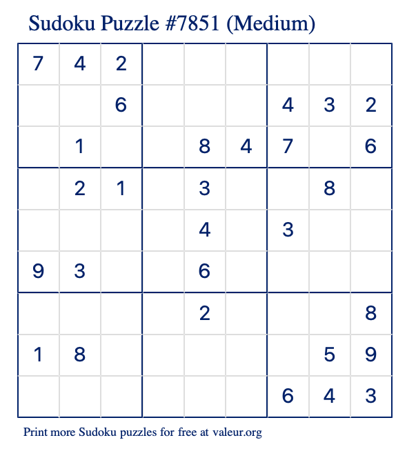 Free Printable Medium Sudoku Puzzle number 7851