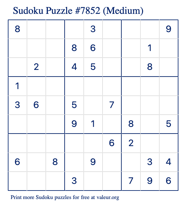Free Printable Medium Sudoku Puzzle number 7852