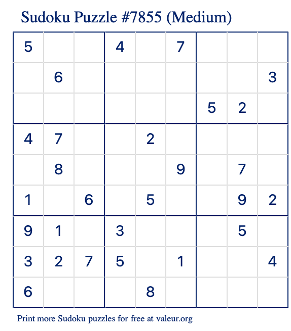 Free Printable Medium Sudoku Puzzle number 7855