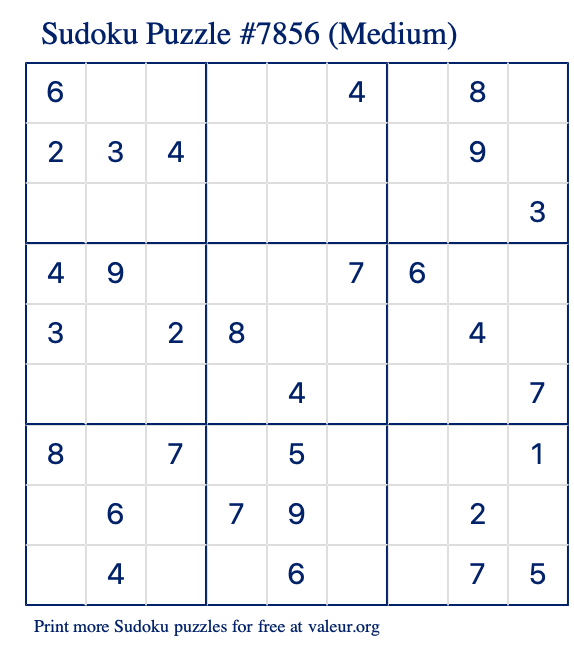 Free Printable Medium Sudoku Puzzle number 7856