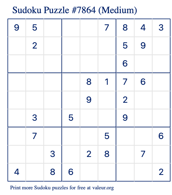 Free Printable Medium Sudoku Puzzle number 7864