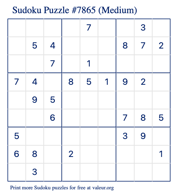 Free Printable Medium Sudoku Puzzle number 7865