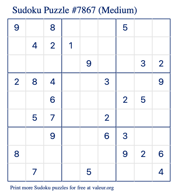 Free Printable Medium Sudoku Puzzle number 7867