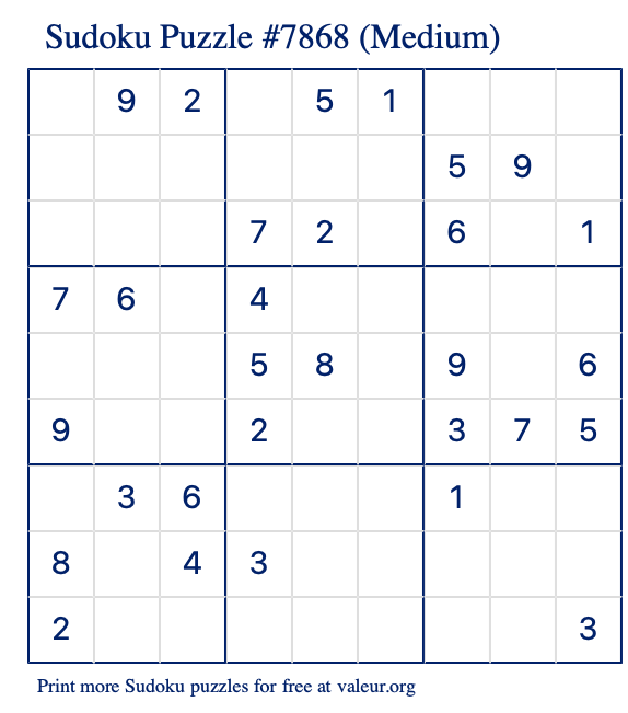 Free Printable Medium Sudoku Puzzle number 7868