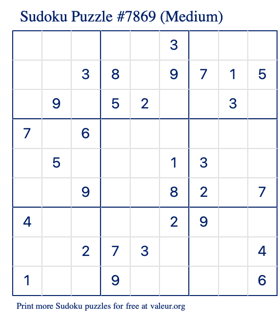 Free Printable Medium Sudoku Puzzle number 7869