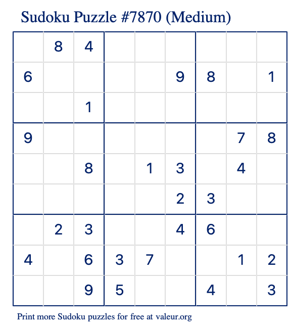 Free Printable Medium Sudoku Puzzle number 7870