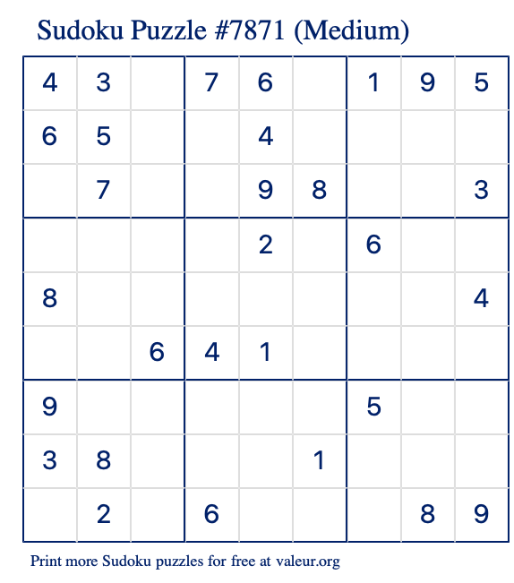 Free Printable Medium Sudoku Puzzle number 7871