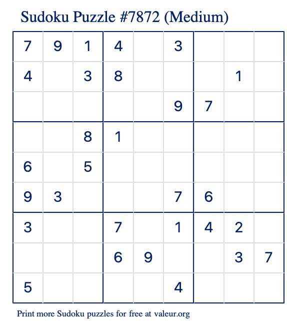 Free Printable Medium Sudoku Puzzle number 7872