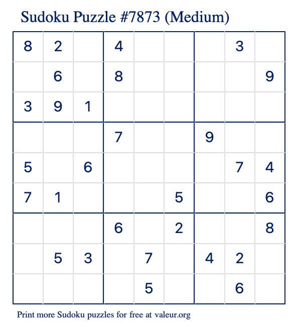 Free Printable Medium Sudoku Puzzle number 7873