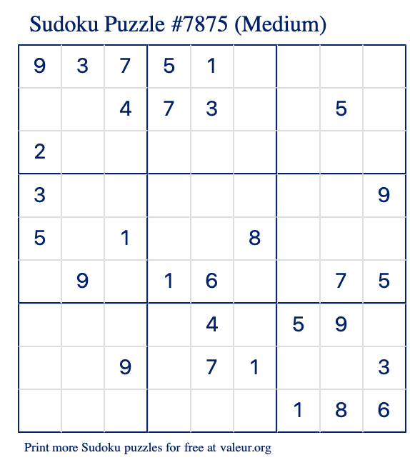 Free Printable Medium Sudoku Puzzle number 7875