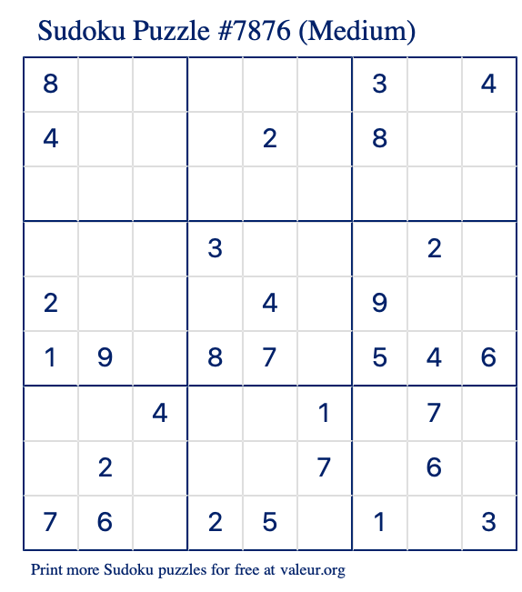 Free Printable Medium Sudoku Puzzle number 7876