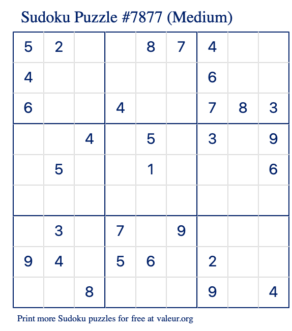 Free Printable Medium Sudoku Puzzle number 7877