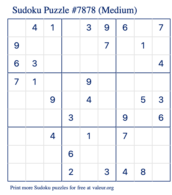 Free Printable Medium Sudoku Puzzle number 7878