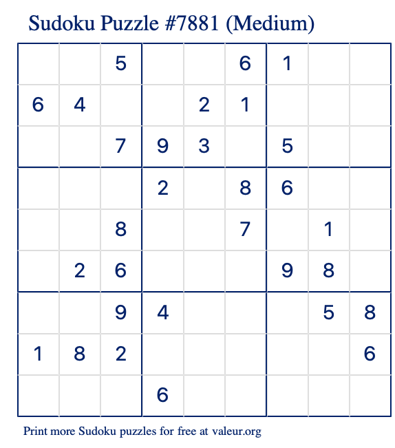 Free Printable Medium Sudoku Puzzle number 7881