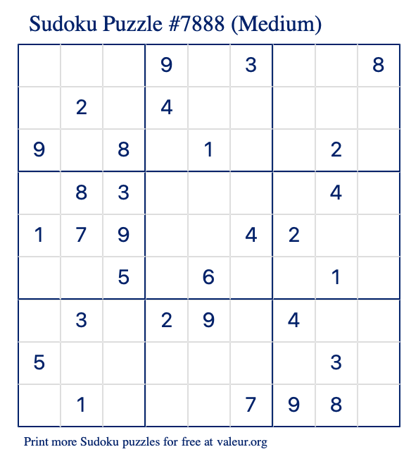 Free Printable Medium Sudoku Puzzle number 7888