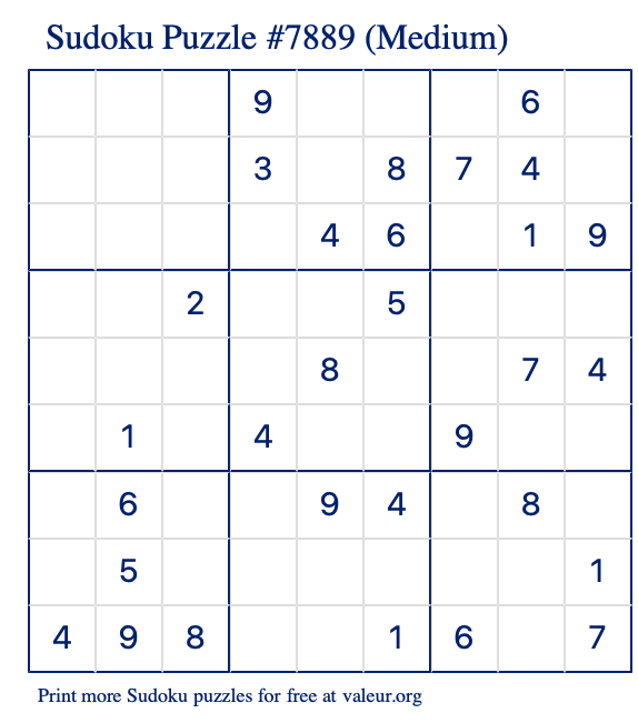 Free Printable Medium Sudoku Puzzle number 7889