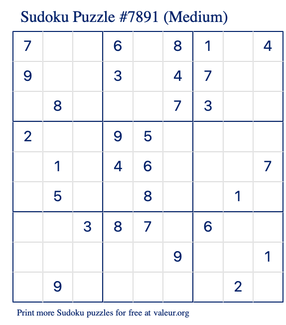Free Printable Medium Sudoku Puzzle number 7891