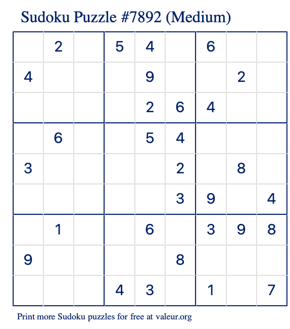 Free Printable Medium Sudoku Puzzle number 7892