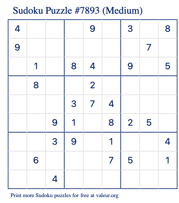 Free Printable Medium Sudoku Puzzle number 7893
