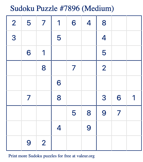 Free Printable Medium Sudoku Puzzle number 7896