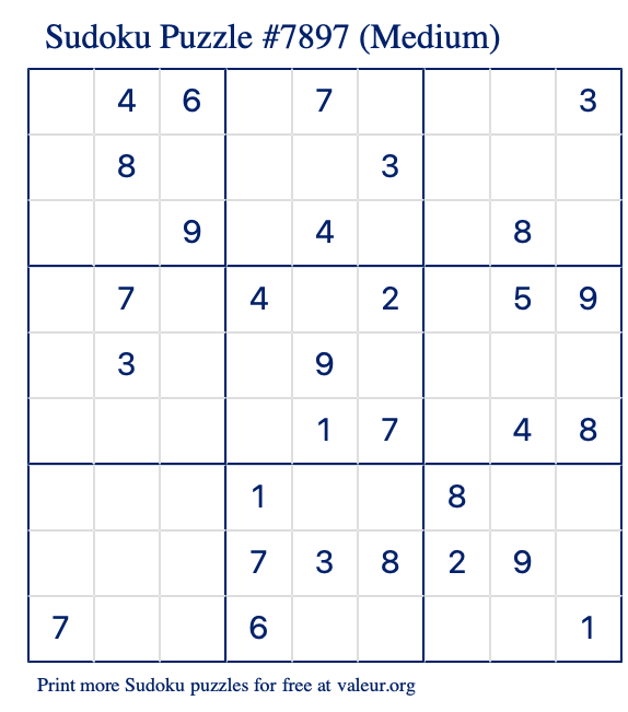 Free Printable Medium Sudoku Puzzle number 7897