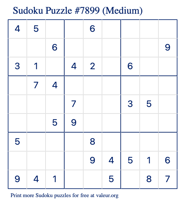 Free Printable Medium Sudoku Puzzle number 7899