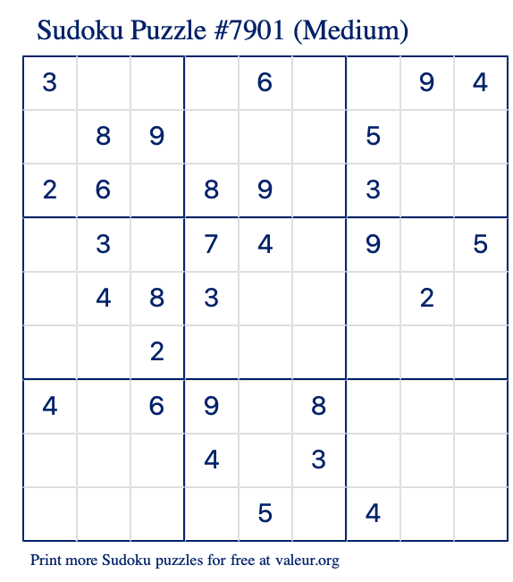 Free Printable Medium Sudoku Puzzle number 7901