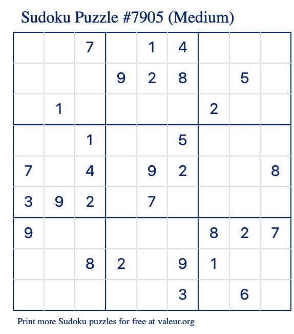 Free Printable Medium Sudoku Puzzle number 7905